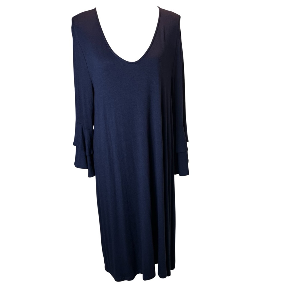 New Versona Navy Blue Bell Sleeve Dress Large Classic Stretchy V Neck